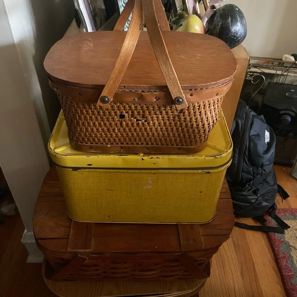 Vintage MCM Red Man Rattan Wicker Picnic Basket